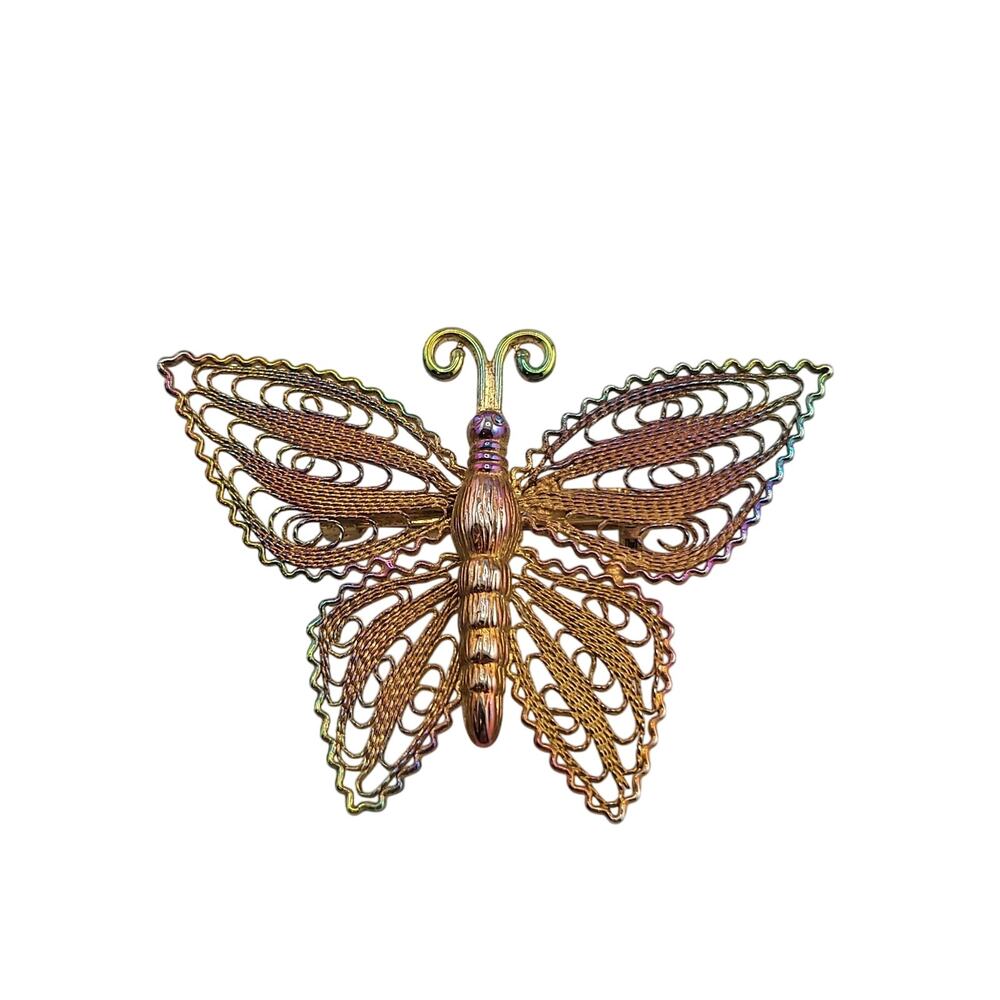 Iridescent Filigree Butterfly Brooch Gold Tone Rainbow Finish 2.25" x 1.5"
